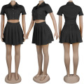 Latest Design Solid Color Short Sleeved Shirt Pleated Skirt with Chain Sexy Fashion Custom Ladies Plus Size 2 Piece Dress Set